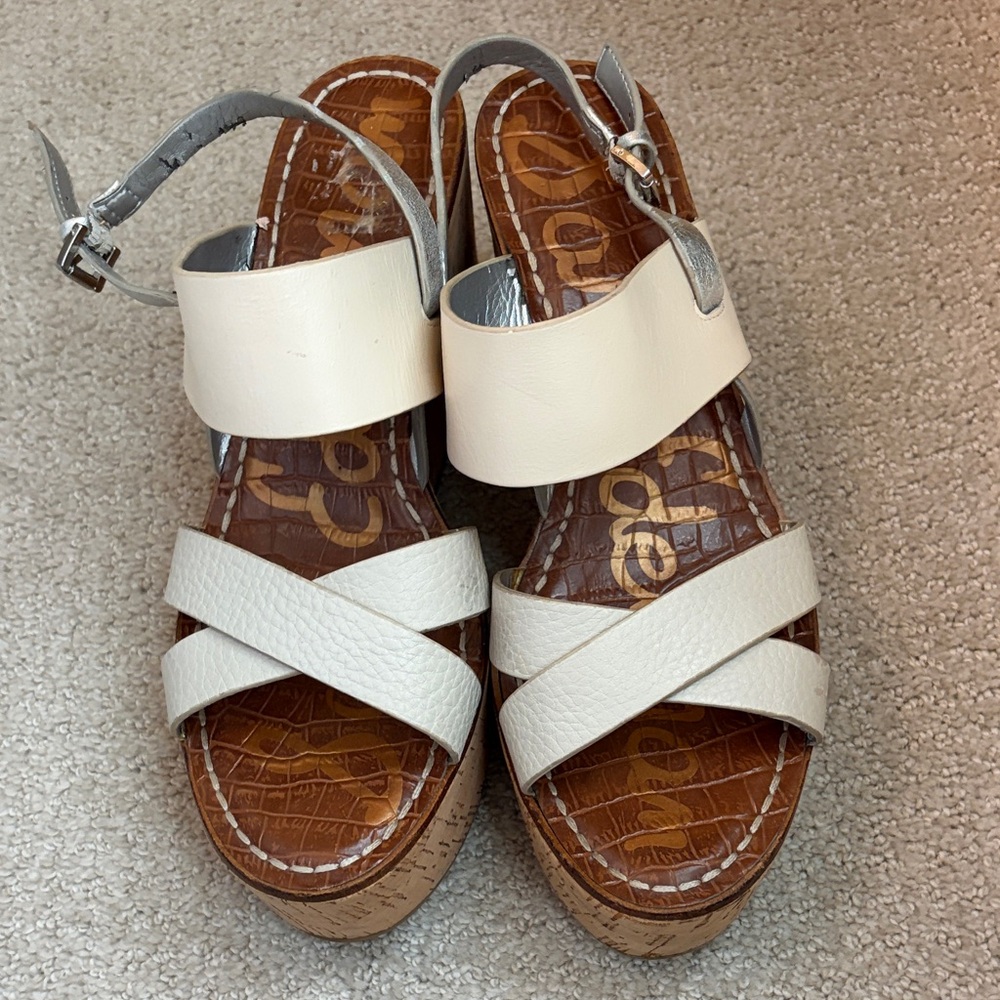 Sam Edelman Off White, Light Grey,  Silver, Cork Platform Wedge Sandals